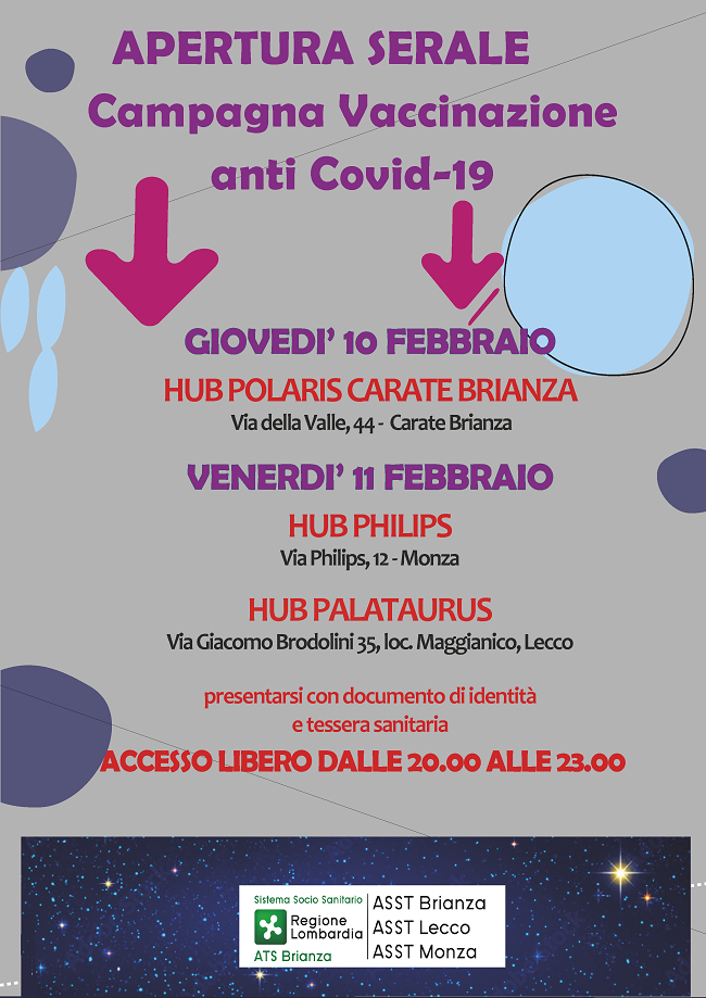 Vaccino anti-Covid, aperture serali dei centri vaccinali di Carate Brianza, Lecco e Monza